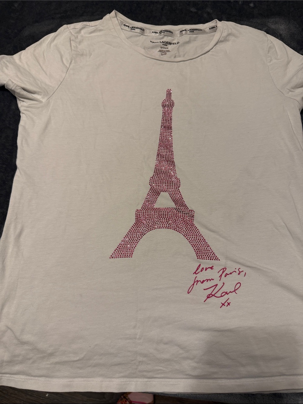Karl Lagerfeld Kids White Tee with Pink Eiffel Tower Rhinestones